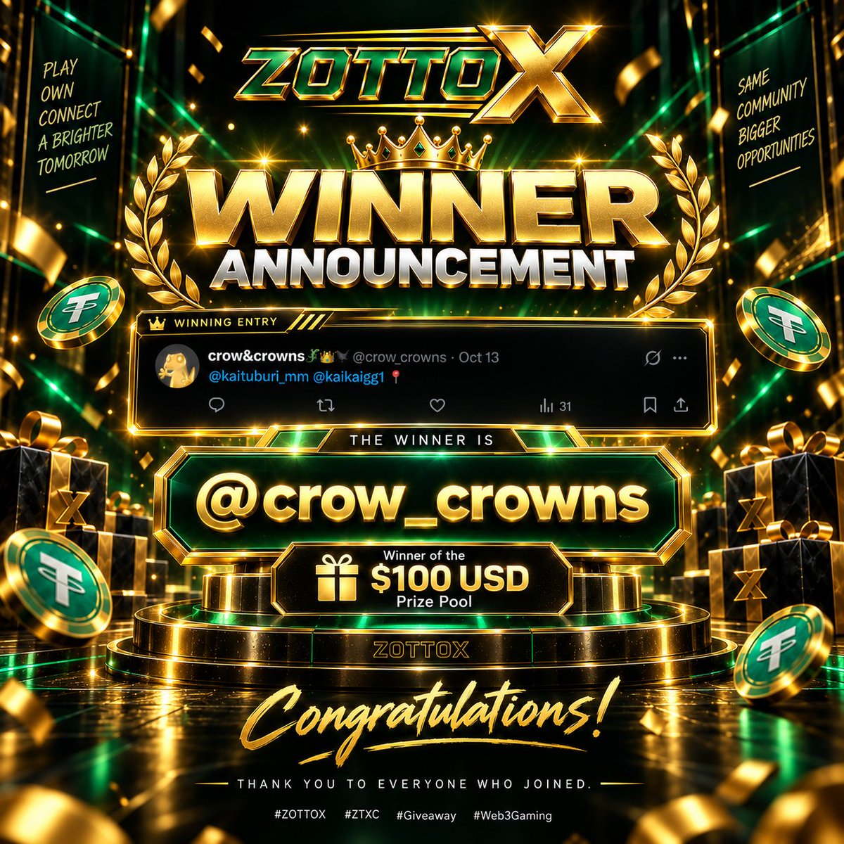 zottoxofficial's tweet photo. 🏆 WINNER ANNOUNCEMENT
Congratulations @crow_crowns — winner of our $100 USD Prize Pool! 🎉💰
📩 Please DM us within 24 hours to verify and claim your prize.
If we don’t receive a response in time, a new winner may be selected.
Thank you to everyone who joined the ZOTTOX Giveaway https://t.co/rkRHksMQ0i