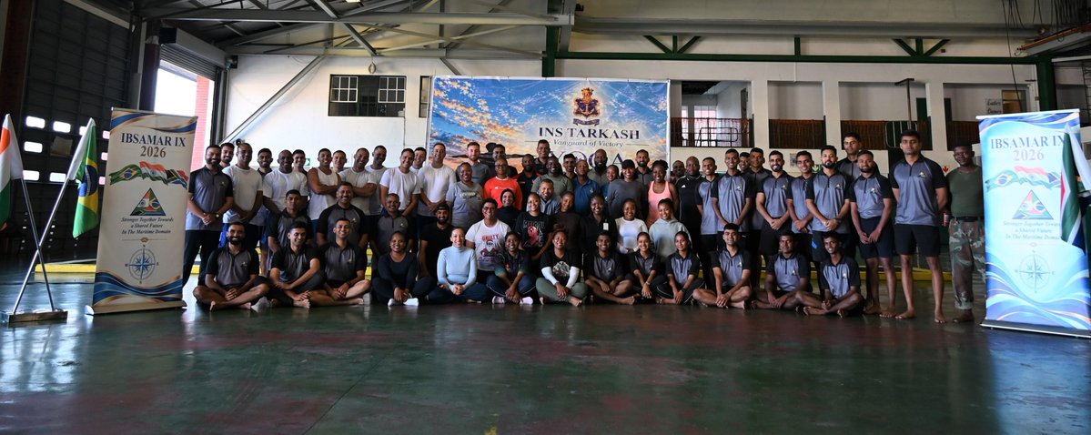 indiannavy's tweet photo. From Operational Drills to Team Spirit! 
🇮🇳🤝🇧🇷🤝🇿🇦

#IBSAMAR_IX
Simon’s Town, #SouthAfrica 

The harbour phase of IBSAMAR saw #IndianNavy personnel exchange expertise in firefighting and anti-piracy operations, while #INSTarkash hosted flight safety briefings ahead of cross-deck aviation drills at sea.

Beyond operational engagements, #Yoga and sporting events brought the three navies together.

#BridgesofFriendship 
#StrongerTogether

@IN_WNC @hci_pretoria  
@SANDF_ZA  @marmilbr