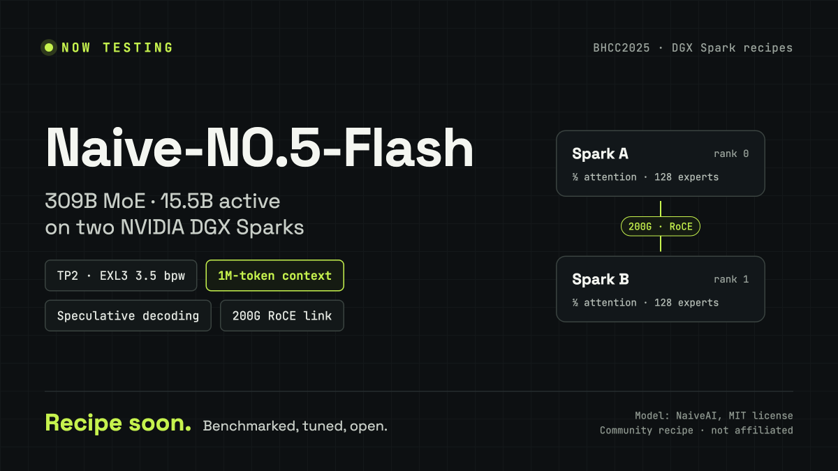 BHCC2025's tweet photo. Now testing: Naive-N0.5-Flash on two NVIDIA DGX Sparks 🔬

309B MoE, 15.5B active · TP2 · EXL3 3.5 bpw · speculative decoding · 200G RoCE between the boxes · pushing for the full 1M-token context

Benchmarking and tuning now. Recipe soon.

#DGXSpark #LocalLLM https://t.co/lnILTHekgC