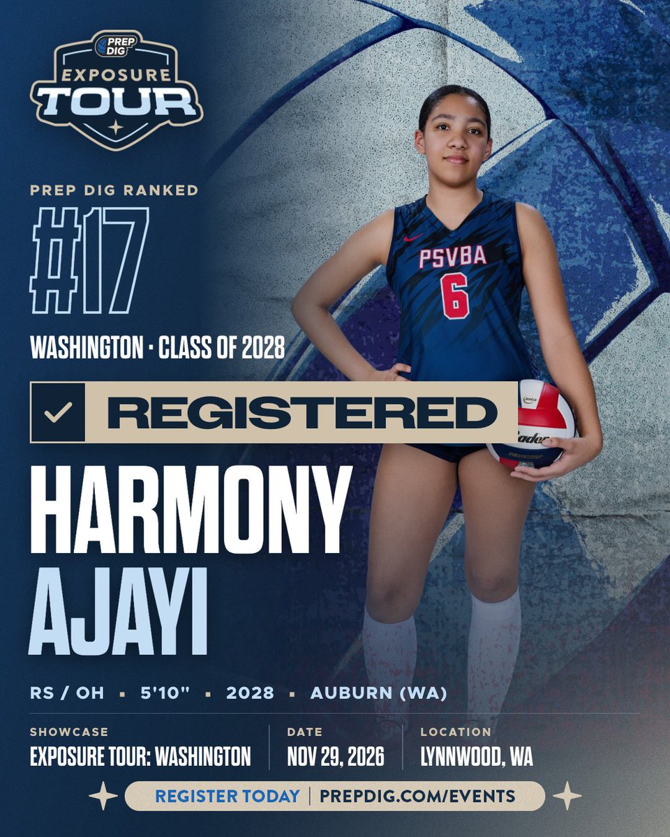 PrepDig's tweet photo. ✨ Registered: Harmony Ajayi | Prep Dig State Ranked #17

Harmony Ajayi, the #17 ranked player in Washington, is officially headed to the Prep Dig Exposure Tour in Washington!

Join the list growing list of top talent.
Use code SHOWCASE to save. 

🔗 https://t.co/pO3Ft69ijx https://t.co/IexfDPZcuG
