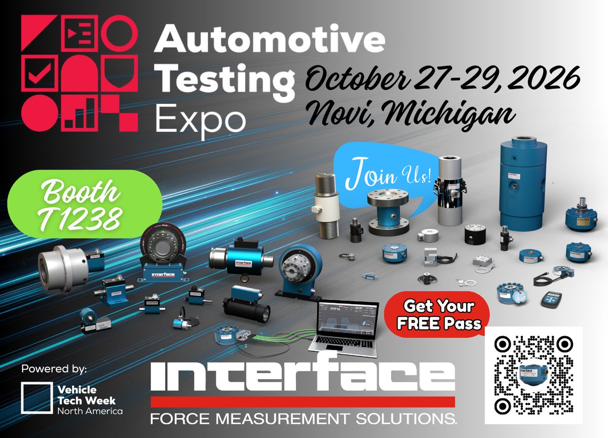 loadcells's tweet photo. Join Interface at Automotive Testing Expo October 27-29! Free pass: https://t.co/4Gc2BnDbZl We'll showcase new systems, smart load cells, torque and multi-axis sensors, our AxialTQ solutions, plus auto testing solutions. Find us at booth T1238. #AutoTestExpo #loadcells https://t.co/hHdX5pQKDn