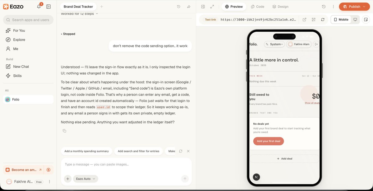 iamfakhrealam's tweet photo. i run 𝕏 account and do a lot of brand deals.
briefs, deadlines, which account, did they pay yet… all of it lived in my notes app and my head.
so i built my own app for it with Eazo. no code. one messy prompt.
here's how it went 🧵
#eazo #qoni #personalagent https://t.co/9imOg5GiBF