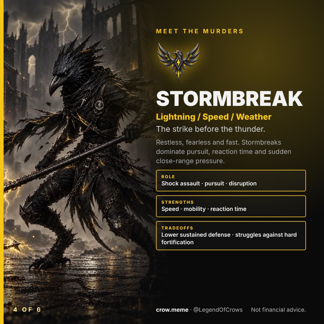 Dapaflo25's tweet photo. Meet the Murders, 4 of 6. 🐦‍⬛

STORMBREAK · Lightning / Speed / Weather
"The strike before the thunder."

Fast, fearless, built for pursuit. Tradeoff: weak vs hard fortification.

Which Murder are you? 👇

Mod here, so I'm biased. Not financial advice. https://t.co/mbdX5782Bg https://t.co/o5KHUFRWvD