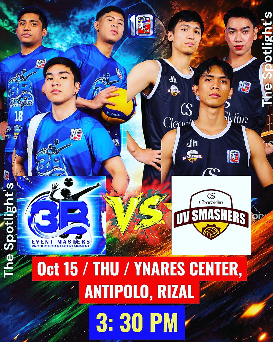 TheSpotlights_'s tweet photo. A new contender enters the court! Can the Clearskin UV Smashers make a statement in their Spikers’ Turf debut, or will the 3B Production &amp; Entertainment spoil the newcomers’ party? 🏐💥🤔

#ClearskinUVSmashers #3BEventMasters #SpikersTurf #mensvolleyball https://t.co/UxniodY3eP