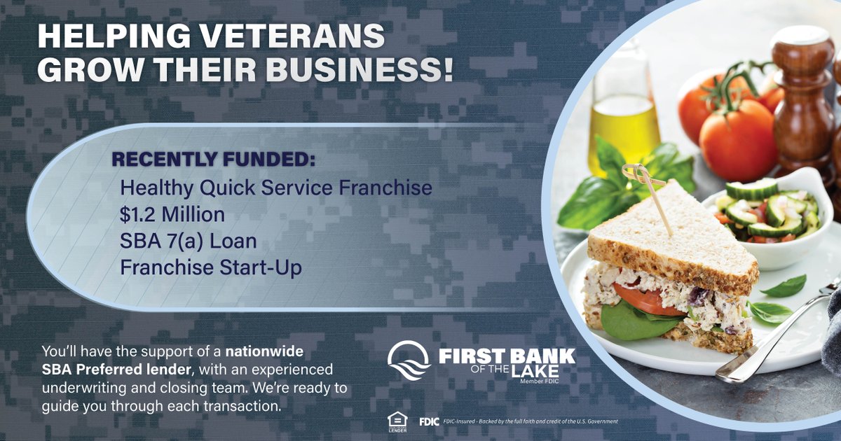 FirstBankLake's tweet photo. For this veteran business owner, the next chapter is a healthy quick-service franchise of their own. A $1.2 million SBA 7(a) loan is helping turn that startup plan into a new business, with the flexibility SBA financing can bring to a franchise transaction. First Bank of the Lake is proud to provide experienced guidance as veteran entrepreneurs take their next step in business ownership.

Learn more: https://t.co/tfTrRNBLO0

#VeteranOwnedBusiness #FranchiseFinancing #FirstBankoftheLake
