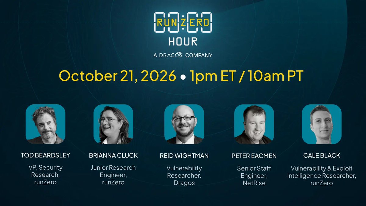runZeroInc's tweet photo. ⏰ 1 week away: The Research Cinematic Universe Crossover!

Watch the runZero Hour with Tod Beardsley, Bri Cluck, Reid Wightman, Peter Eacmen &amp; Cale Black.

Expect:
✔️ OT, IT &amp; firmware security
✔️ Top vulns this month &amp; Lights Out update

👉 Register: https://t.co/5mb8jagJA3 https://t.co/yhI4XBxLdI