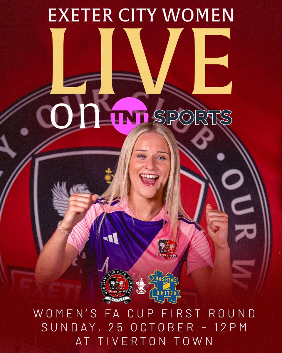 ExeterCityWFC's tweet photo. 📺 Our @WomensFACup First Round match has been selected for live @footballontnt coverage!

Our fixture against @hashtagutdwomen will take place on Sunday, October 25, at Tiverton Town FC, with tickets on sale now.

Full details ➡️ https://t.co/20E8l3bTXj

#ECFC #OurWay https://t.co/b3gr8LNZfJ
