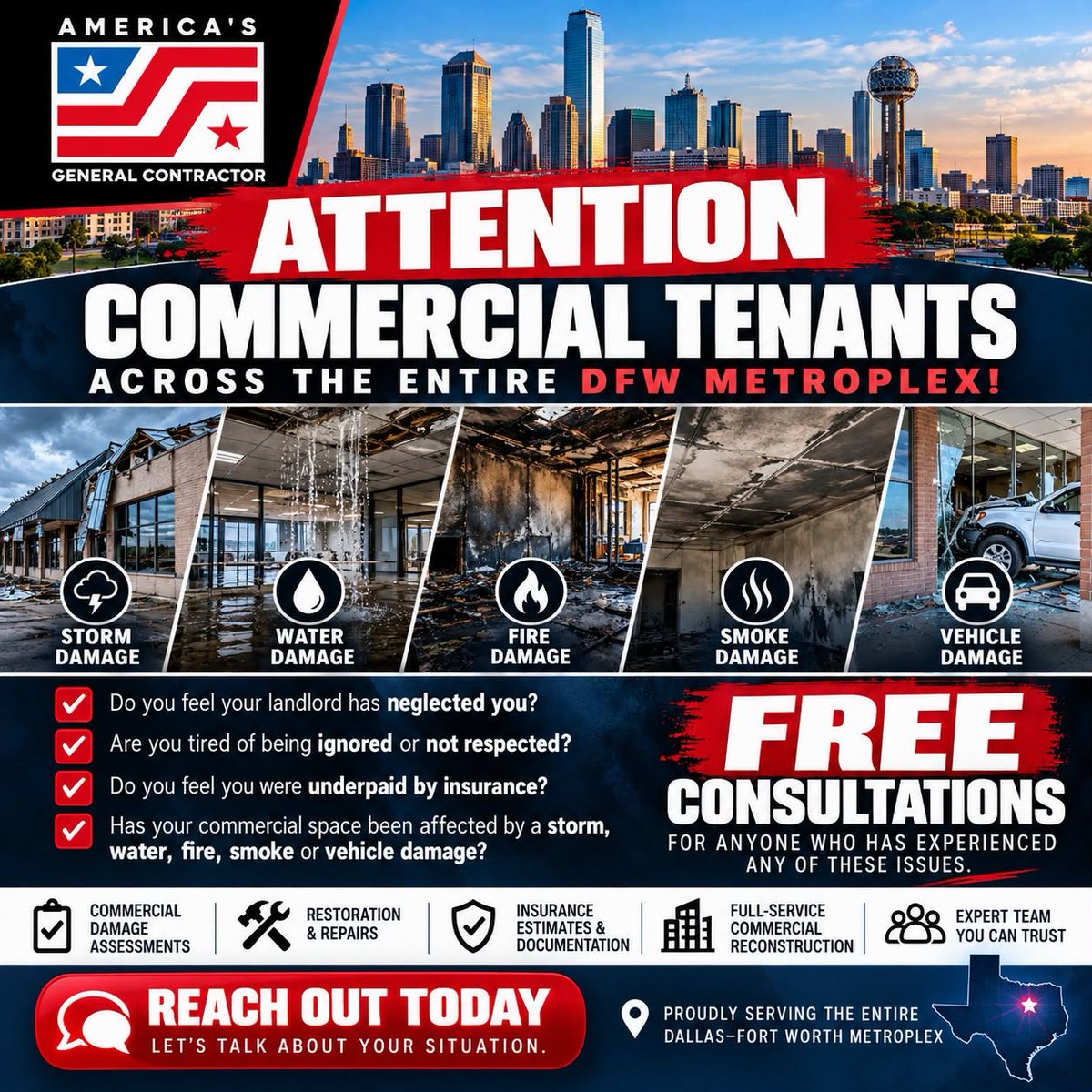 Americas_GC's tweet photo. 🚨 ATTENTION COMMERCIAL TENANTS & BUSINESS OWNERS ACROSS DFW!🚨
Has your business suffered property damage? Are you feeling ignored, frustrated, or left without answers?
Your business is your livelihood, and you deserve to be heard, respected, and treated fairly.

🏢 Has your commercial space been affected by:
💧 Water damage or flooding?
🔥 Fire or smoke damage?
⛈️ Storm, hail, or wind damage?
🚗 Vehicle impact or structural damage?
🏚️ Property damage your landlord has failed to address?
Are you dealing with a landlord who won't respond? An insurance company that may have underpaid your claim? Or damage that's preventing you from operating your business?
YOU HAVE OPTIONS, AND YOU DON'T HAVE TO NAVIGATE THIS ALONE!
At @Americas_GC , we understand how overwhelming commercial property damage can be. Whether you're a small business owner, restaurant operator, retail tenant, or commercial property manager, our team is here to listen, evaluate your situation, and help you understand your next steps.

✅ FREE, NO-OBLIGATION CONSULTATIONS

✅ Commercial Damage Assessments

✅ Fire, Water & Storm Restoration

✅ Insurance Restoration Estimates & Documentation

✅ Commercial Reconstruction & Repairs

✅ Assistance Understanding Your Restoration Options

📍 Proudly Serving the Entire Dallas–Fort Worth Metroplex!
Don't let property damage, unanswered calls, or insurance frustrations put your business on hold.
📩 Send us a private message today. Tell us what's happening, and let's see how we can help.

@Americas_GC  
Design. Build. Restore. With Purpose.

#DFWBusinessOwners #commercialtenants #CommercialRestoration #DFWRestoration #waterdamagerestoration #firedamage #StormDamage #insurancerestoration #dallasbusinesses #fortworthbusinesses #commercialpropertydamage #AmericasGeneralContractor