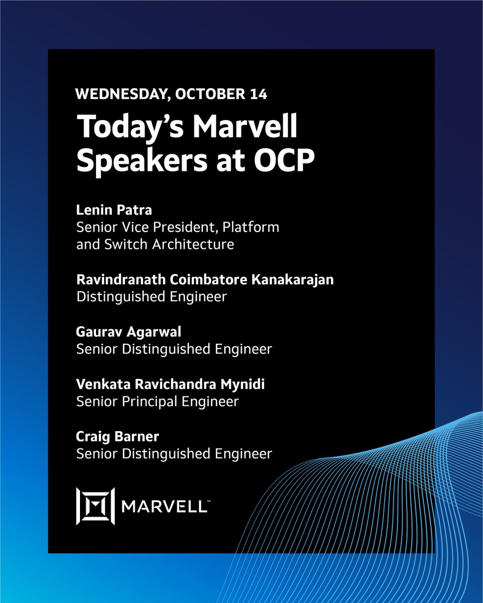MarvellTech's tweet photo. Today's Marvell presentations at the @OpenComputePrj Global Summit:

Beyond Scale-out: SONiC's Path to Memory-semantic AI Fabrics
Time: 9:05-9:25am
Location: Room 230A
Speaker: Ravindranath Coimbatore Kanakarajan, Distinguished Engineer

Bridging Compute and Memory Fabric: Data Services for Direct XPU Access
Time: 12:50-1:05pm
Location: Room LL21DE
Speaker: Gaurav Agarwal, Senior Distinguished Engineer

Plug-and-play ML Pipelines for SONiC: On-Device Intelligence with Advanced Feature Extraction
Time: 1:45-2:05pm
Location: Room 230A
Speaker: Venkata Ravichandra Mynidi, Senior Principal Engineer

Frameworks and APIs Alignment for Cross-vendor: direction alignment and gaps, path forward toward a converged API
Time: 4:35-5:00pm
Location: Room LL21DE
Speaker: Gaurav Agarwal, Senior Distinguished Engineer

Secure Key Distribution Protocol for SoC Hardware Blocks
Time: 1:15 PM – 1:30 PM
Location: Room 212
Speaker: Craig Barner, Senior Distinguished Engineer

Learn more about Marvell's OCP presentations: https://t.co/Dzl1ZVS25D