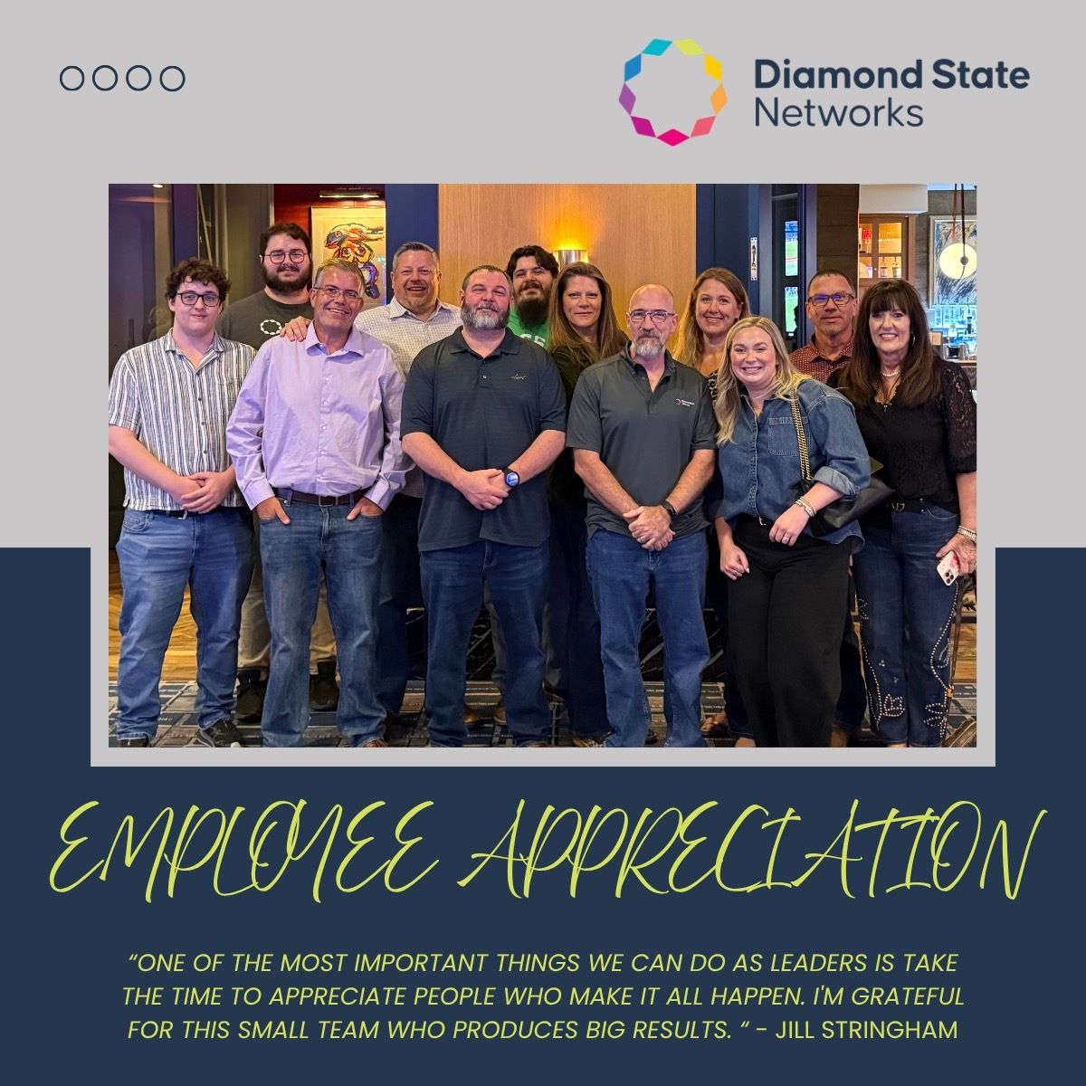 DiamondStateNet's tweet photo. Our team is the backbone of everything we do at DSN and the other night we took a moment to celebrate that. 🍽️ We gathered for dinner, good conversation, and a little well-deserved appreciation for the people who make this network run. https://t.co/FT19mbza5p