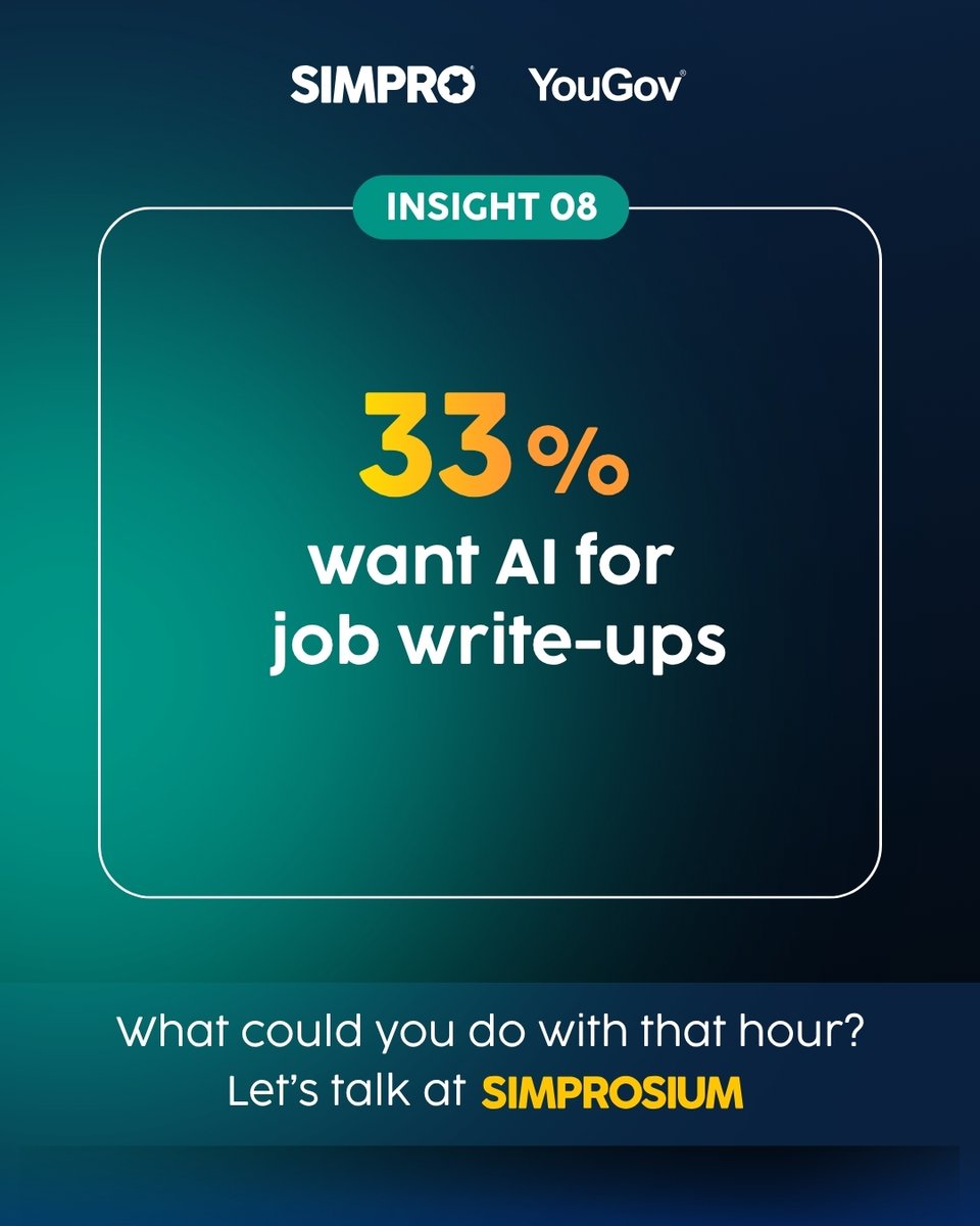 simprosoftware's tweet photo. 33% want AI for job write-ups above all else.
Not the trade — the hour after it. 

This is the gap we're closing at Simprosium. 

#StateOfTheTrades2026 #Simprosium2026 https://t.co/abPtofZsLt