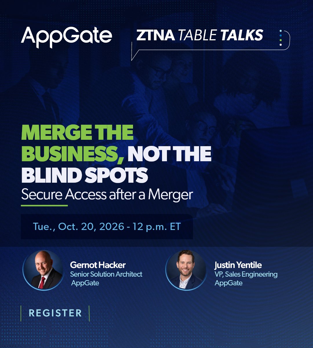 AppgateSecurity's tweet photo. A merger often joins two networks before anyone is prepared to integrate them. Our #ZTNATableTalk will show how teams can deliver day-one access for users at both companies without rebuilding either network.

📅 Tue., Oct. 20, 2026
🕛 12 p.m. ET

Register: https://t.co/I0at8jTVwi https://t.co/gP9PryNSOs