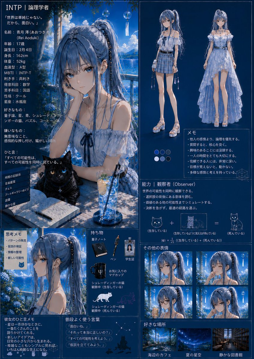 leimerzera's tweet photo. 自分のオリキャラのイメージについて

そもそも「自キャラ」とは？
自分の実際の性格をそのまま「設定」として反映させたキャラクターであり、もし自分が女性だったら、こんな姿（外見やファッションスタイル）でありたかったな……という、ある種の理想像のようなもの……？

ただし、ここで言う「理想像」は、一般的な意味での「理想のタイプ」とは少し違います。

「自分はこういう女性と出会いたい」という意味ではなく、「もし自分が女性だったら、こういう姿でありたかった」という意味です。

つまり、自分の理想の女性を作ったというよりも、今の自分をそのまま女性に置き換えたキャラクターを作った、という感覚のほうが強いです。

性格については、現実の自分を100％反映させた設定になっています。

一方、職業や経歴、能力などのキャリア面については、確かに自分の理想を反映させています。

そして外見についても、「自分が好きな女性のタイプ」ではなく、「もし自分自身が女性だったら、こんな外見になりたい」という願望(?)のようなものです。

要するに、他人に対して求めているものや望んでいるものではなく、あくまでも自分自身を基準にして設定しているということです。

これこそが、「自キャラ」と「理想のタイプ」の最も大きな違いだと思っています。

そもそも、この二つが同じ概念なのであれば、わざわざ「自キャラ」という言葉を使う必要もないのでは……？ とも思います。

（単に「理想のタイプ」と言えば済む話ですからね。）

だからこそ、自キャラというのは、必ずしも男性が女性キャラを作ったり、女性が男性キャラを作ったりする必要はない、という点も参考までに知っておいていただければと思います。

同性のキャラクターであっても、自分自身を反映させたキャラクターなら、それは十分に「自キャラ」と呼べるわけです。

まあ、とにかく……。
詳しい説明や設定については、下の画像にすべてまとめてありますので、ぜひ直接ご確認ください。