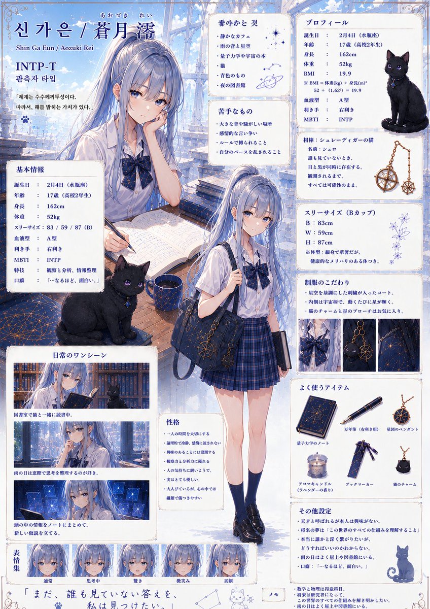leimerzera's tweet photo. 自分のオリキャラのイメージについて

そもそも「自キャラ」とは？
自分の実際の性格をそのまま「設定」として反映させたキャラクターであり、もし自分が女性だったら、こんな姿（外見やファッションスタイル）でありたかったな……という、ある種の理想像のようなもの……？

ただし、ここで言う「理想像」は、一般的な意味での「理想のタイプ」とは少し違います。

「自分はこういう女性と出会いたい」という意味ではなく、「もし自分が女性だったら、こういう姿でありたかった」という意味です。

つまり、自分の理想の女性を作ったというよりも、今の自分をそのまま女性に置き換えたキャラクターを作った、という感覚のほうが強いです。

性格については、現実の自分を100％反映させた設定になっています。

一方、職業や経歴、能力などのキャリア面については、確かに自分の理想を反映させています。

そして外見についても、「自分が好きな女性のタイプ」ではなく、「もし自分自身が女性だったら、こんな外見になりたい」という願望(?)のようなものです。

要するに、他人に対して求めているものや望んでいるものではなく、あくまでも自分自身を基準にして設定しているということです。

これこそが、「自キャラ」と「理想のタイプ」の最も大きな違いだと思っています。

そもそも、この二つが同じ概念なのであれば、わざわざ「自キャラ」という言葉を使う必要もないのでは……？ とも思います。

（単に「理想のタイプ」と言えば済む話ですからね。）

だからこそ、自キャラというのは、必ずしも男性が女性キャラを作ったり、女性が男性キャラを作ったりする必要はない、という点も参考までに知っておいていただければと思います。

同性のキャラクターであっても、自分自身を反映させたキャラクターなら、それは十分に「自キャラ」と呼べるわけです。

まあ、とにかく……。
詳しい説明や設定については、下の画像にすべてまとめてありますので、ぜひ直接ご確認ください。