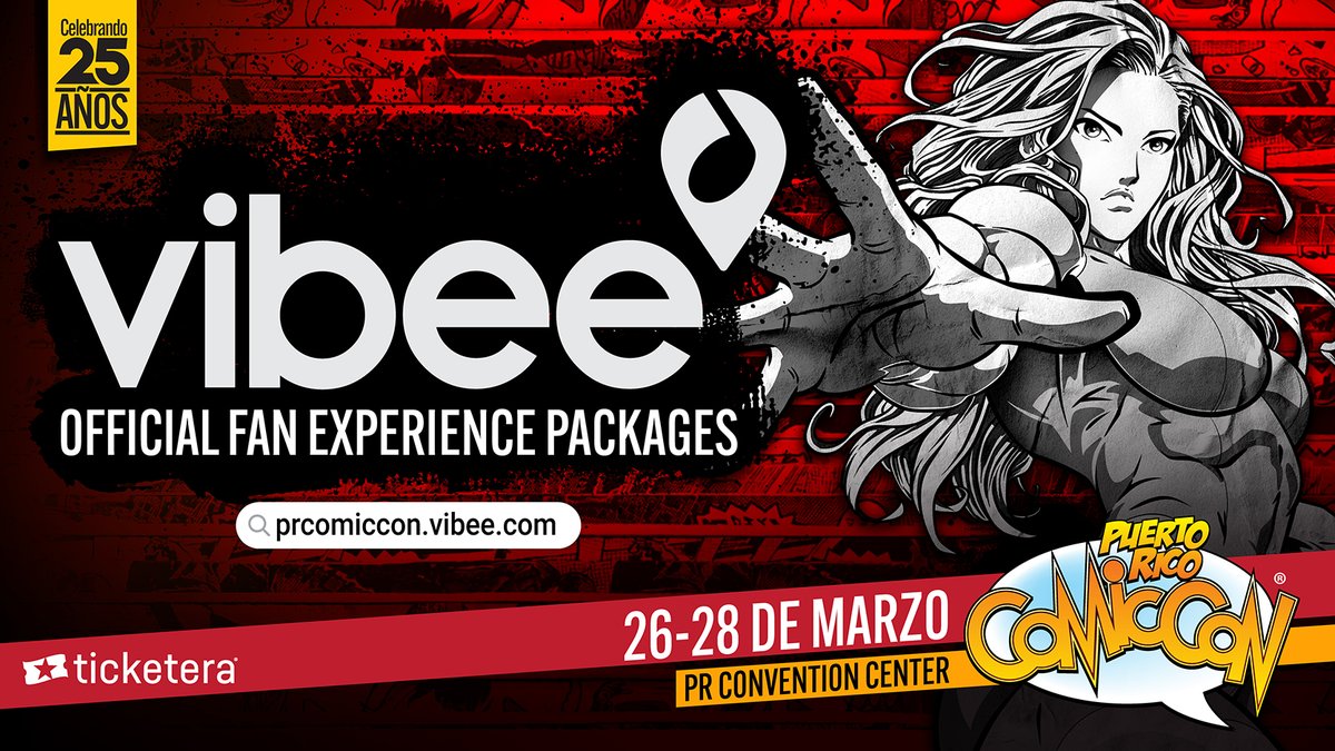 PRCOMICCON's tweet photo. Por primera vez llegan los paquetes de @vibeepresents Experiencia VIP al #PRComicCon para que celebres nuestros 25 años con todo resuelto: llegas, te quedas, ¡y disfrutas el fin de semana más geek de Puerto Rico!

¿Qué traen los paquetes del Official Puerto Rico Comic Con VIP Fan Experience?

🎟️ Tus boletos para el PRCC
🏨 Estadía de Hotel
🛍️ Merch exclusivo
⭐ Y mucho más

¡Detalles este lunes!

No importa de que rincón del mundo vengas, este es tu momento para hacer de Puerto Rico tu base de aventura durante el Puerto Rico Comic Con.

🗓️ Los paquetes estarán disponibles directamente con Vibee a partir del lunes 19 de octubre a las 10:00 a.m. Son limitados, así que prepárate desde ya.

#PRComicCon2027: del 26 al 28 de marzo en el @PRConvention. 

#PRComicCon #PRCC25Aniversario #Geekrican #Vibee