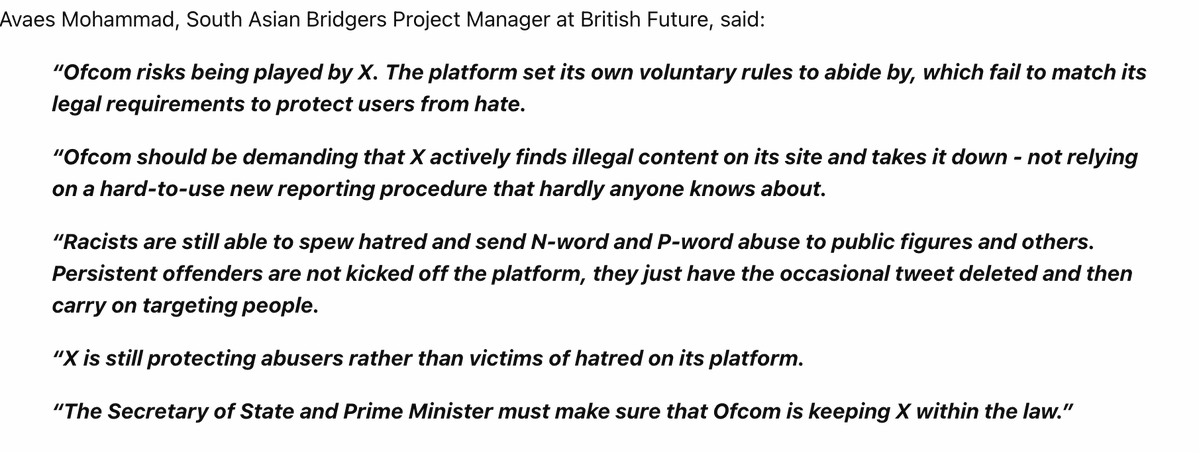britishfuture's tweet photo. Race hatred still rife on X and Ofcom risks being 'played' by the platform - @britishfuture response to today's Ofcom update: https://t.co/flm738nr8Z https://t.co/44IZAprWRL