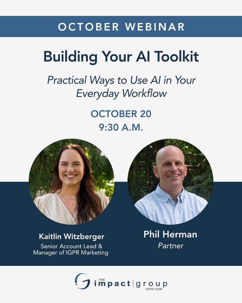 igpr's tweet photo. Save your spot for our October Webinar, Building Your AI Toolkit. Join Phil Herman and Kaitlin Witzberger  as they look at how AI can support the work communicators are already doing. Register here: https://t.co/PF3j6ZMTTs https://t.co/3pNgploZ54