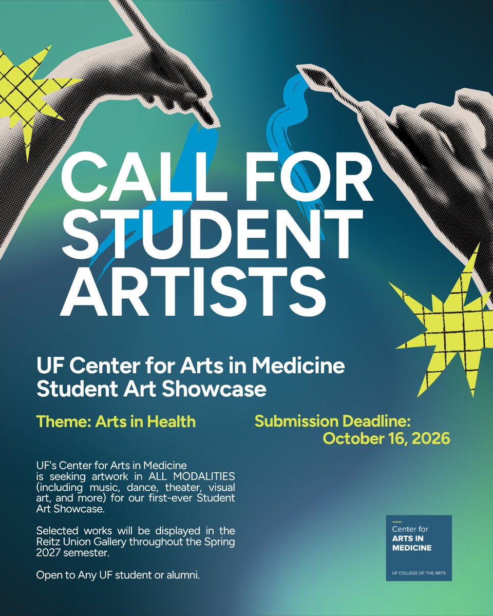 UFCAM's tweet photo. Share your creativity with our first-ever Student Art Showcase, centered around the theme Arts in Health. We’re welcoming submissions in ALL artistic modalities! Selected works will be featured in UF’s Reitz Union Gallery during the Spring 2027 semester.
https://t.co/BgUxRrbhbv https://t.co/bzWiXTZQ3R