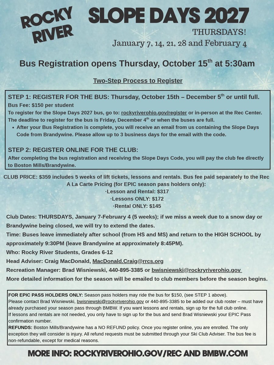 RrCitySchools's tweet photo. Get ready for Rocky River Slope Days 2027! Open to students in grades 6–12, Slope Days returns January 7 through February 4.

Registration opens Thursday, October 15, at 5:30 a.m. through the Rocky River Recreation Department.

See the flyer for registration details and pricing! https://t.co/qzkWGjMjd8