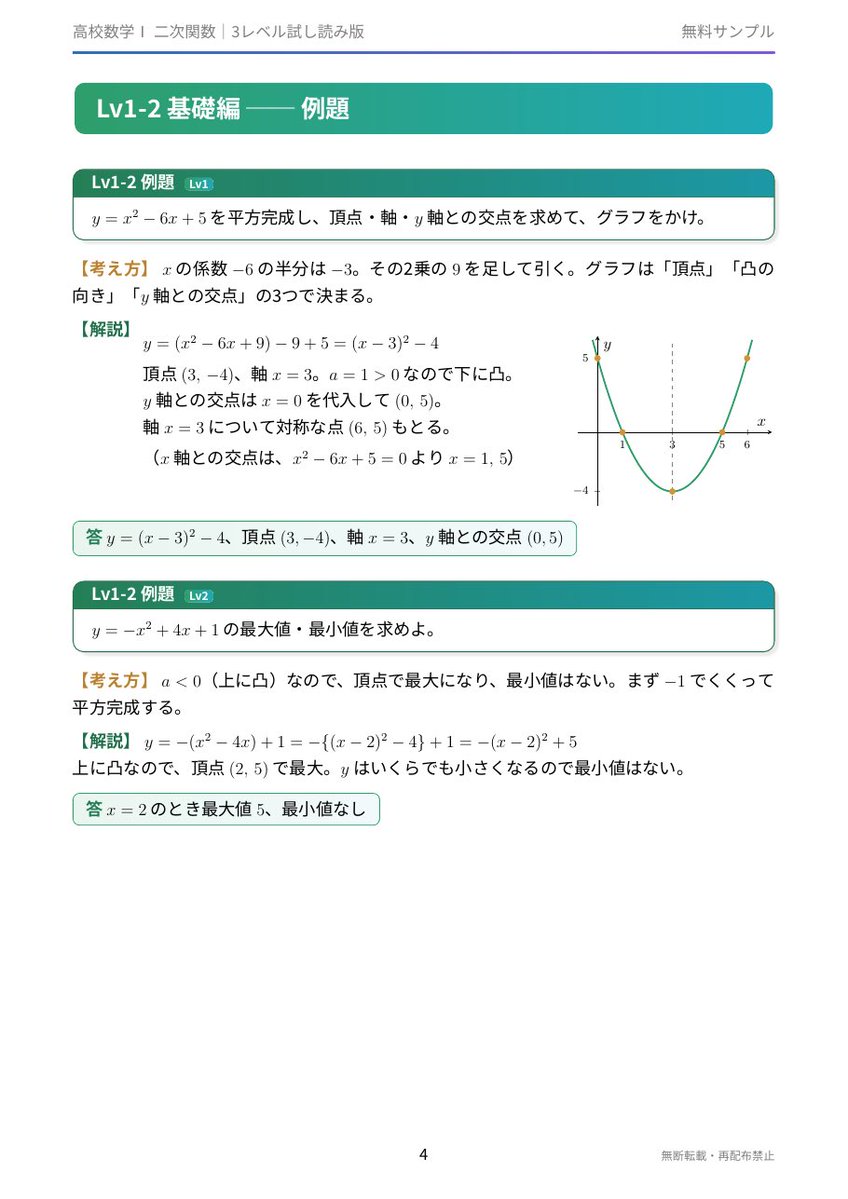 LvMaThPDF's tweet photo. ＼二次関数【改訂版】の試し読みです📐／ 「なぜ平方完成で頂点がわかる？」 「なぜ場合分けが必要？」 「判別式って結局なに？」 を全部、図で説明しました。 自分に合うレベルから読んでみてください👇 https://t.co/OpRcNhHyNH
残りの写真は下にあります！！ https://t.co/QWeaCbSuMx