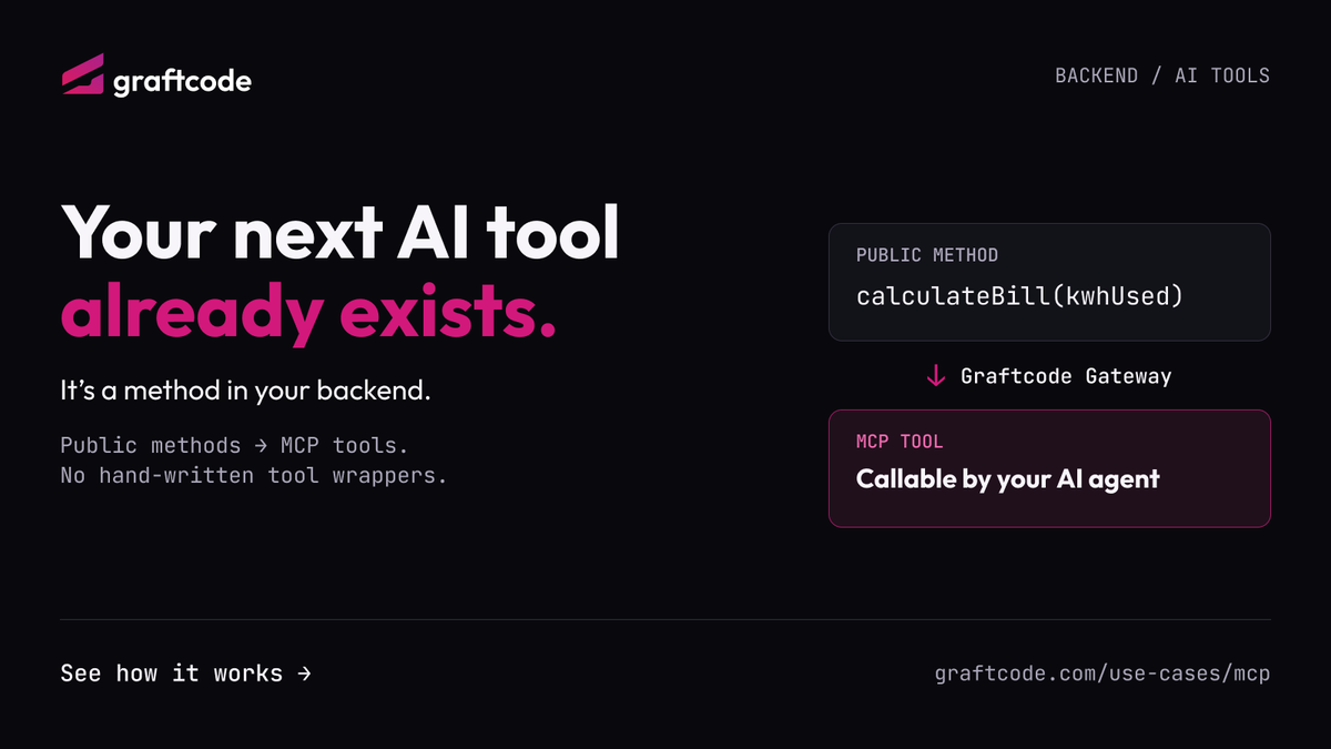 Graftcode's tweet photo. Your next AI tool might already be in your backend.

Graftcode turns exposed public methods into MCP tools—without hand-written tool wrappers.

What would you let an AI agent call first?

See how: https://t.co/SnnrT3TJ54 https://t.co/Z0zmwaqFwu