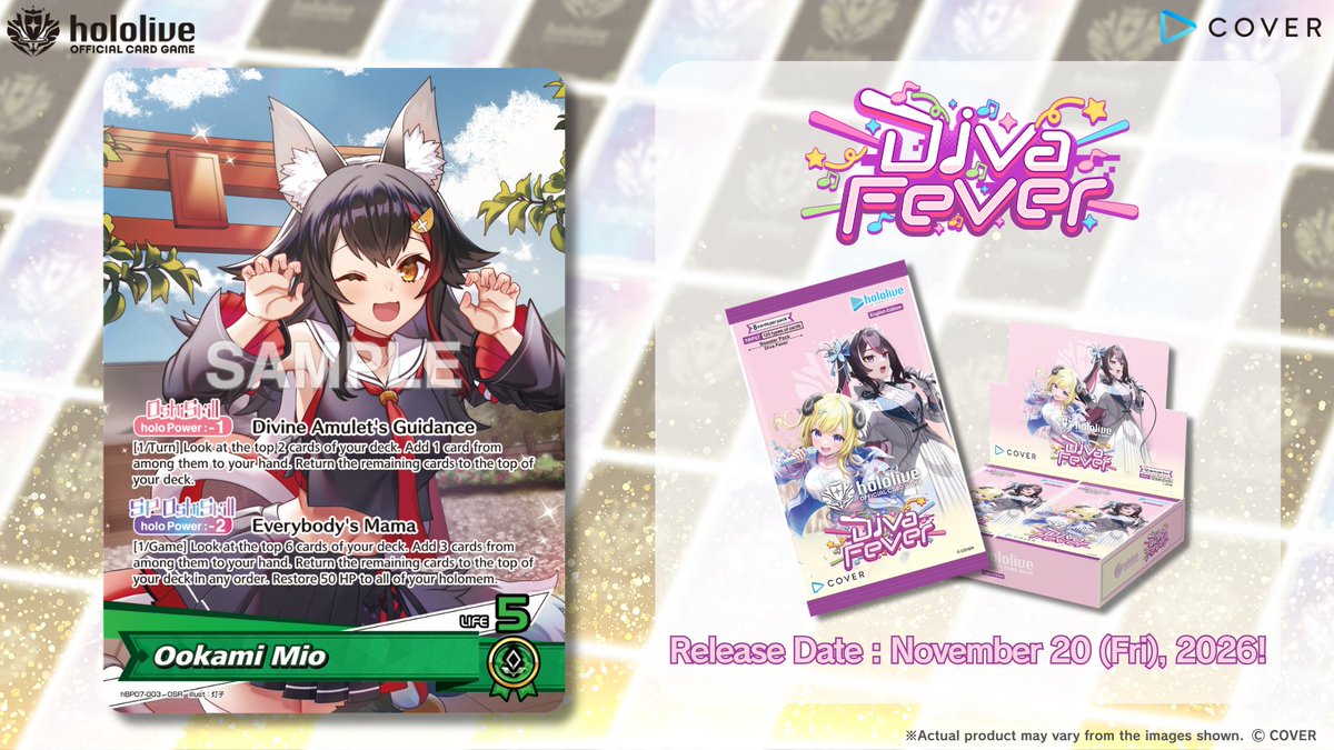 hololive_OCG_EN's tweet photo. 【#hOCG Card Reveal】
Introducing a card from the "Booster Pack – Diva Fever," releasing on November 20 (Fri), 2026!

This time, it’s the OSR Ookami Mio! 🌲

🔽 Product Details:
https://t.co/5W1T6u96pJ

#hololive #OokamiMio https://t.co/XNz4zvmruX