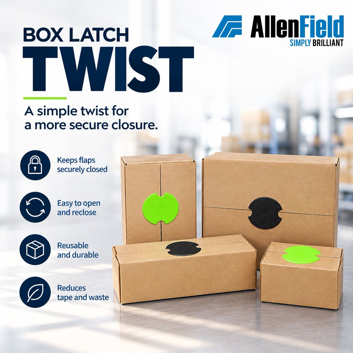 AllenField's tweet photo. Why tape boxes you'll reopen? Our Box Latch Twist secures corrugated boxes—no tools, tape, or staples. Twist to lock or release for easy reopening and reuse. 

✔ Tool-free
✔ Reduces tape &amp; packaging waste
✔ Enables reusable packaging

Check out: https://t.co/xeg8l0E7R7 https://t.co/TbcP7n4pbK