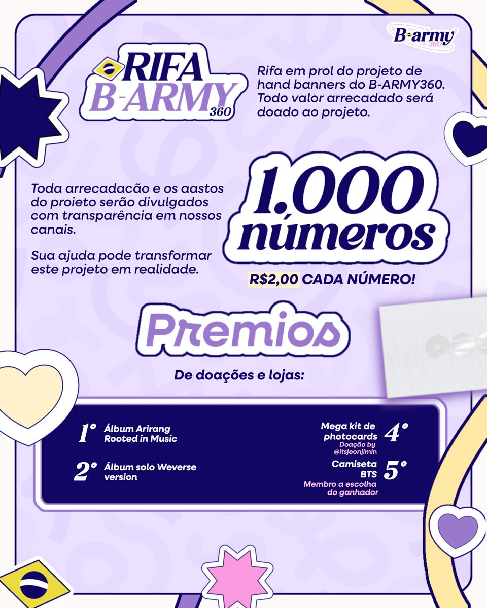BARMY_360's tweet photo. 📢 | ATUALIZAÇÃO IMPORTANTE — HAND BANNERS

Devido ao bloqueio e à barricada que serão montados em uma ampla área ao redor do estádio do MorumBIS, tivemos que nos reorganizar de forma urgente e buscar novos métodos para viabilizar a entrega dos nossos hand banners.

Toda a logística interna já estava 100% organizada, com planejamento e etapas definidas. No entanto, essa mudança impactou diretamente diversos pontos que já estavam resolvidos, obrigando nossa equipe a rever os planos e encontrar alternativas em um prazo muito curto.

Diante desse cenário, precisamos recorrer a um guarda-volumes com espaço amplo e localizado em frente ao MorumBIS, que permita armazenar adequadamente as caixas e viabilizar a logística necessária para que os banners cheguem ao estádio. Sem essa reorganização e sem os novos métodos que estamos implementando, infelizmente, não haveria condições de dar continuidade ao projeto da forma como planejamos.

Essas mudanças inesperadas geraram novos custos de armazenamento e logística, comprometendo praticamente todo o saldo que tínhamos disponível. 

Por esse motivo, precisamos abrir mais uma rifa e retomar o pedido de doações voluntárias. Essa arrecadação será destinada a ajudar no pagamento dos custos de transporte, armazenamento e demais despesas decorrentes dessa reorganização emergencial.

Sabemos que já contamos com o apoio de muitas pessoas ao longo dessa jornada, e somos imensamente gratos por cada contribuição. Não gostaríamos de precisar recorrer a uma nova arrecadação, mas, diante das circunstâncias, essa é uma das alternativas que encontramos para continuar viabilizando o projeto e fazer com que todo o trabalho realizado até aqui não seja em vão.

📌 Doações via Pix: projeto.barmy360@gmail.com

🎟️ Rifa B-ARMY360: https://t.co/S4iGgj7OB6

Toda contribuição, independentemente do valor, faz diferença neste momento. Se não puder contribuir financeiramente, compartilhar esta publicação também nos ajuda muito a alcançar mais pessoas.

Seguimos trabalhando para encontrar as melhores soluções possíveis, com responsabilidade e transparência, para que os 270 mil hand banners produzidos para os shows do BTS no Brasil possam chegar aos ARMYS.

Agradecemos a todos que continuam ao nosso lado, compreendem a situação e ajudam a manter esse projeto de pé. 💜

#BARMY360