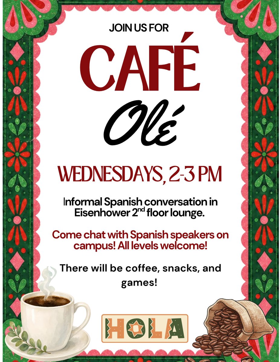 KStateModLangs's tweet photo. The Department of Modern Languages invites you to join us for Café Ole every Wednesday, 2–3 p.m., in Eisenhower's 2nd-floor lounge! Enjoy coffee, snacks, and games, and chat with Spanish speakers on campus! ☕️ All levels welcome! https://t.co/10f82QfsBE