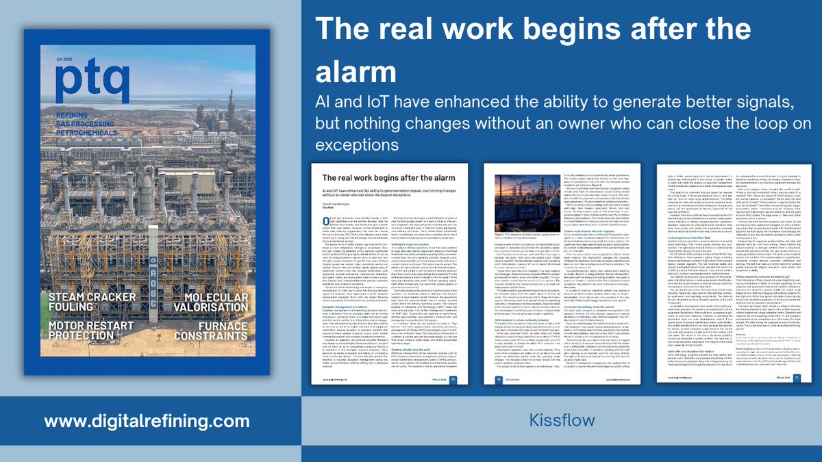 DigitalRefining's tweet photo. 🏭The real work begins after the alarm, @kissflow. #AI and IoT have enhanced the ability to generate better signals, but nothing changes without an owner who can close the loop on exceptions -https://t.co/ezM353jTal
💻READ PTQ Q4, 2026: https://t.co/A6YHGAii1y

#refiner #refinery https://t.co/h78Vl3C0D4