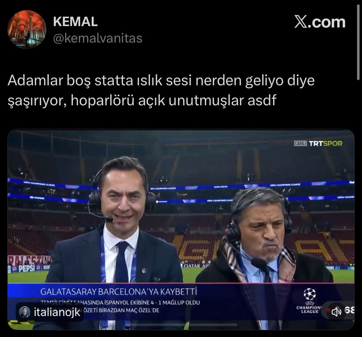 riberiiio's tweet photo. Salah sesten kulaklarını kapatır, Pedri daha gürültülü statta oynamadım der, Szoboszlai bugüne kadar ki en iyi atmosferdi der, Rodri daha gürültülü bir statta oynayacağımı sanmıyorum der, ama bizim mall fbli bjkli çarlar çıkıp hoparlör diye zırlar. Coğrafya kaderdir amg https://t.co/ITSTl7gmww