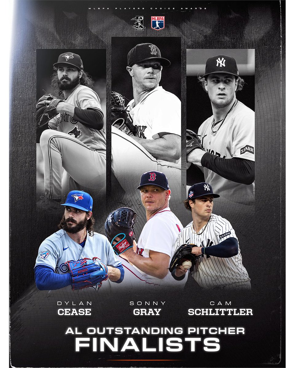 MLBPA's tweet photo. Congratulations to the AL &amp; NL Outstanding Pitcher Players Choice Awards Finalists! 

AL
🔷 Dylan Cease
🔷 Sonny Gray
🔷 Cam Schlittler

NL
♦️Mason Miller
♦️Jacob Misiorowski
♦️Chris Sale https://t.co/9YDLFkv4PB