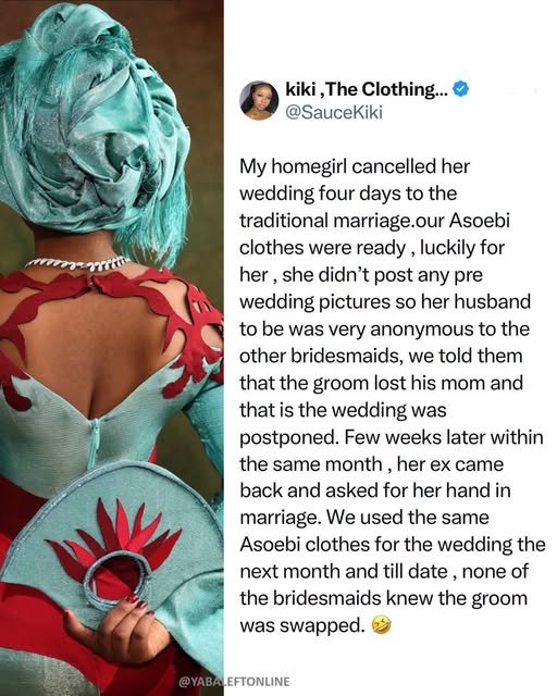yabaleftonline's tweet photo. Lady shares how a friend of hers postponed her wedding and still used her Asoebi even though it was a different groom she married https://t.co/ewGzXxczZE