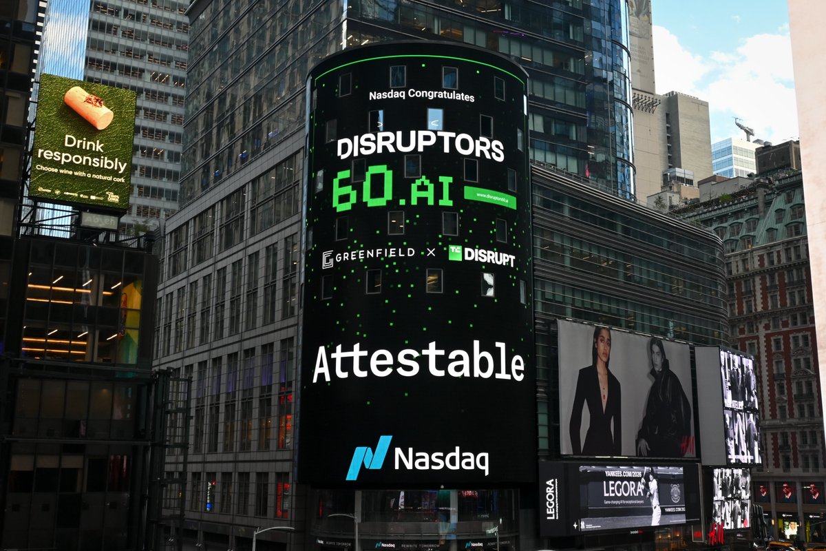attestable's tweet photo. We're honored to be named to the #Disruptors60 Class of 2026 curated by @GreenfieldVC  at @TechCrunch  Disrupt.

We're on a mission to make verifiable AI a commodity, and enable a safer world.

Thank you to our team, and to the customers and partners who helped us get here. https://t.co/HI56yrJjhb