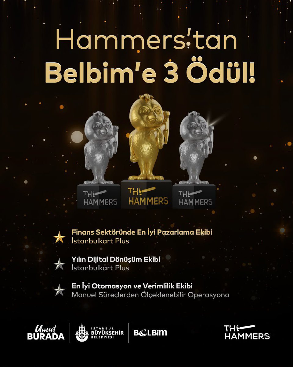 belbimibb's tweet photo. Pazarlama ve iletişim dünyasının önemli ödül platformlarından The Hammers’tan 1 Altın, 2 Gümüş ödülle döndük! 🏆✨

Emeği geçen tüm ekip arkadaşlarımıza teşekkür ediyoruz.

Birlikte üretmeye ve İstanbul için değer yaratmaya devam! 💛

#TheHammers #İstanbulkartPlus #BELBİM https://t.co/W9FOQa06LY