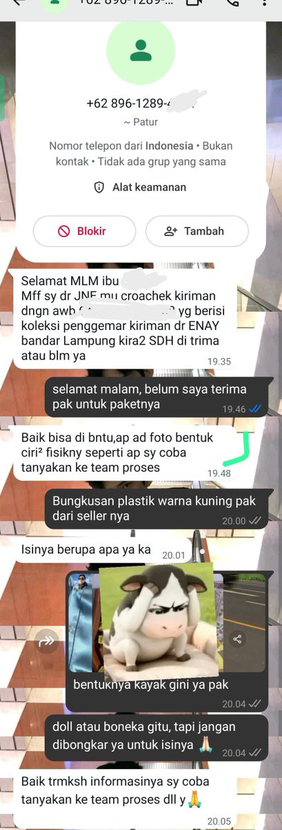 onyourcale's tweet photo. pas malem nya, ada nomor yang ngehubungin aku, mengaku orang dari ekspedisi, katanya, mau bantu crossheck paket &amp; menanyakan apakah paket sudah diterima, serta menanyakan ciri-ciri atau fisik paket. awalnya aku takut, kalo ini modus penipuan. jadi aku tanyain dulu ke kakak go ku. https://t.co/HlrZtQIZu3