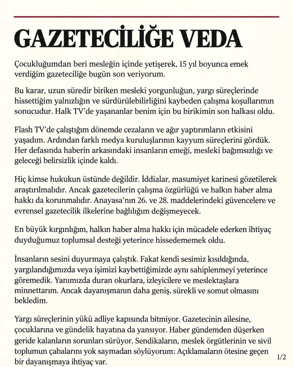 mustafaturan_tv's tweet photo. 15 yılın ardından gazeteciliğe nokta koyuyorum. 
Ara vermiyorum; mesleği bırakıyorum.
Biriken yorgunluk, yargı süreçlerindeki yalnızlık ve karşılık bulmayan dayanışma beklentisi…
Benim için meslekte yolun sonu.
Daha özgür günlerde, başka vesilelerle belki görüşürüz
Mustafa Turan https://t.co/dHsq24gNsf