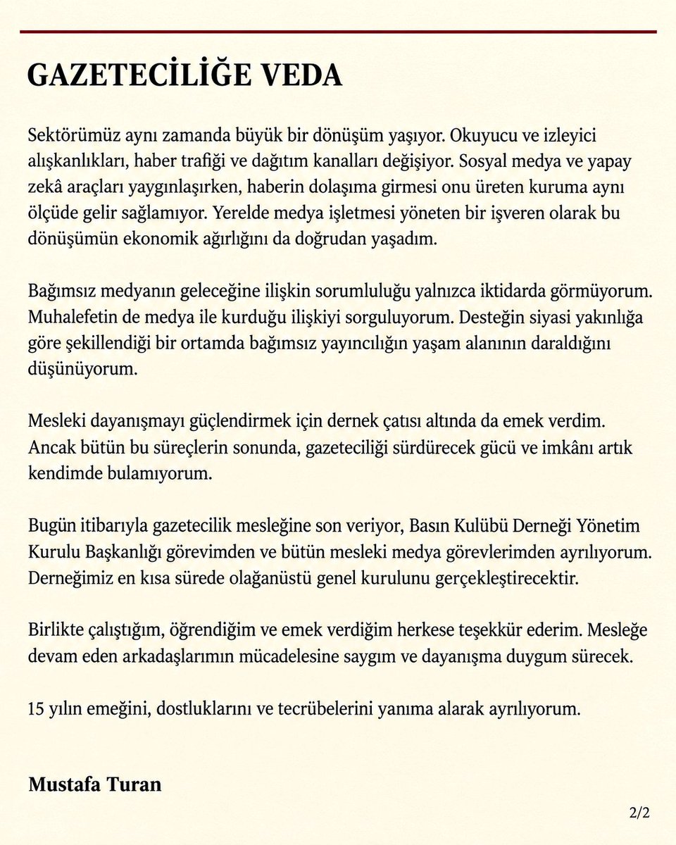 mustafaturan_tv's tweet photo. 15 yılın ardından gazeteciliğe nokta koyuyorum. 
Ara vermiyorum; mesleği bırakıyorum.
Biriken yorgunluk, yargı süreçlerindeki yalnızlık ve karşılık bulmayan dayanışma beklentisi…
Benim için meslekte yolun sonu.
Daha özgür günlerde, başka vesilelerle belki görüşürüz
Mustafa Turan https://t.co/dHsq24gNsf