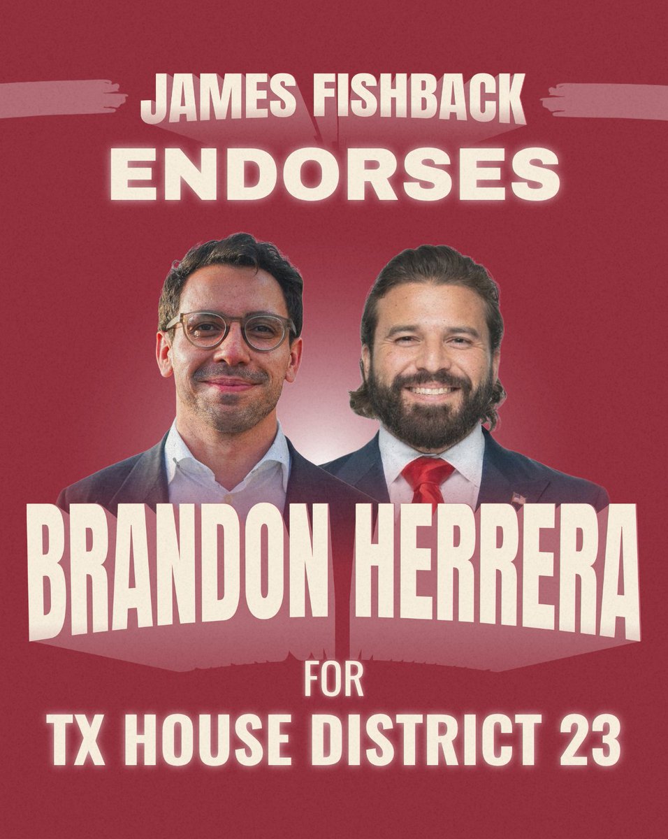 jamesfishback's tweet photo. Today, I’m proud to endorse Republican Brandon Herrera for Congress in Texas’s 23rd District.

Brandon is a Second Amendment patriot who will never let DC Democrats or spineless RINOs infringe on our constitutional rights or desecrate our culture, heritage, or birthright.

Vote by November 3rd!
