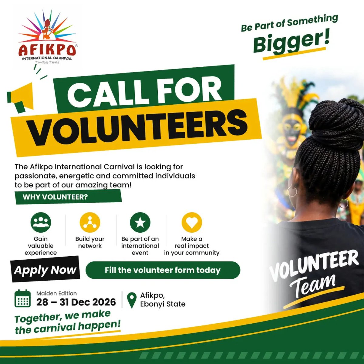 afikpocarnival's tweet photo. Join the AIC 2026 team! We’re looking for passionate volunteers ready to gain experience, build connections and make an impact.

📍 Afikpo, Ebonyi State
Date :Dec 28–31, 2026

Apply now: https://t.co/711M6ubqVF

#AIC2026 #CallForVolunteers https://t.co/boApg3vX21