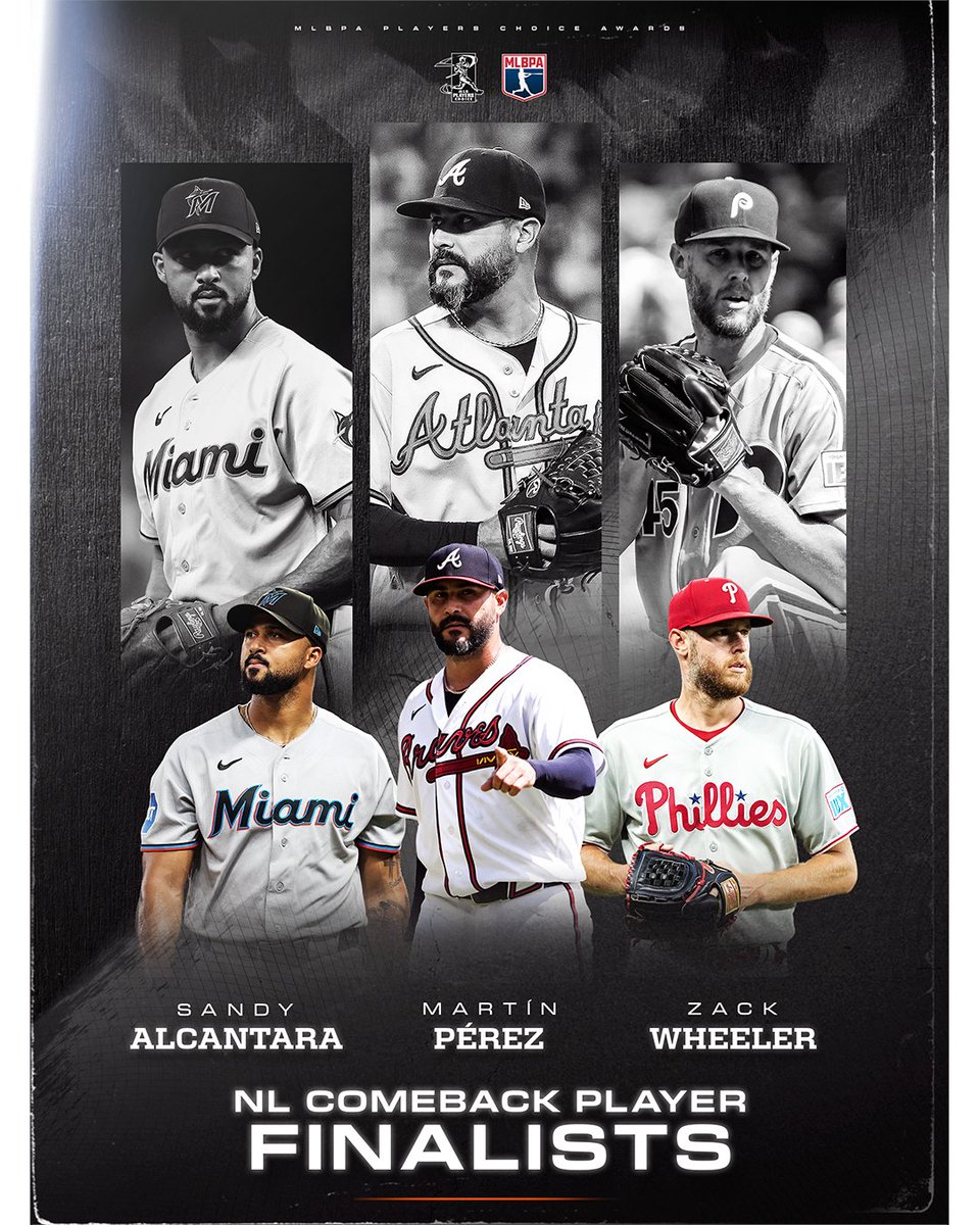 MLBPA's tweet photo. Congratulations to the Players Choice Awards AL &amp; NL Comeback Player Finalists! 

AL
🔷 Yordan Álvarez
🔷 Gerrit Cole
🔷 Mike Trout

NL
♦️Sandy Alcantara
♦️Martín Pérez
♦️Zack Wheeler https://t.co/PhbNaY4egg
