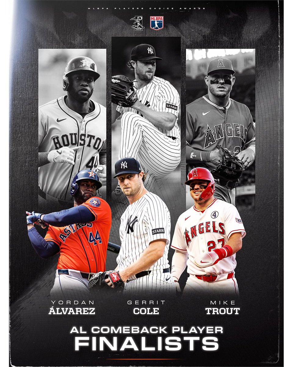 MLBPA's tweet photo. Congratulations to the Players Choice Awards AL &amp; NL Comeback Player Finalists! 

AL
🔷 Yordan Álvarez
🔷 Gerrit Cole
🔷 Mike Trout

NL
♦️Sandy Alcantara
♦️Martín Pérez
♦️Zack Wheeler https://t.co/PhbNaY4egg