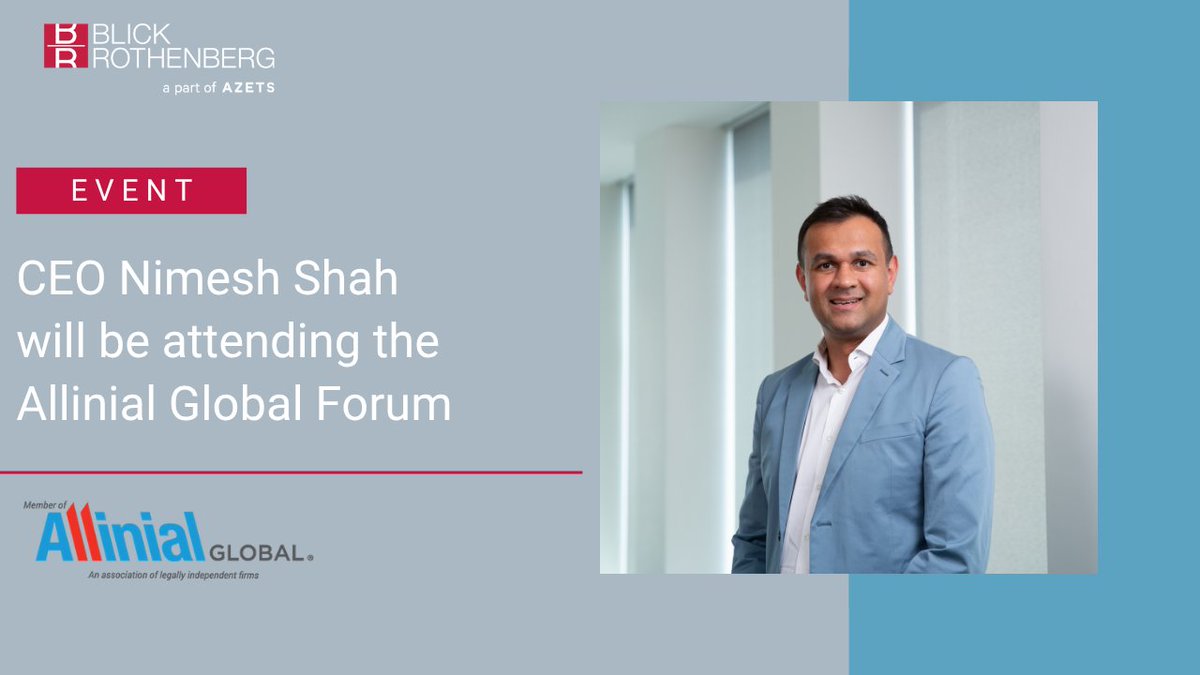BlickRothenberg's tweet photo. Blick Rothenberg CEO and Chair of the Executive Board at Allinial Global Nimesh Shah is heading to Athens, Greece
 
We are thrilled to announce that Nimesh is heading to Greece for the Allinial Global Forum from October 25–27.

Read about our partnership: https://t.co/mSzfbwqx8O https://t.co/9efmv8uUvR
