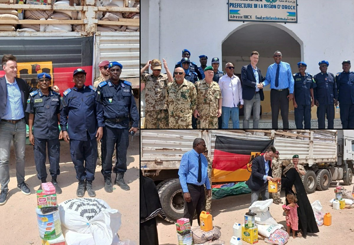 GERonAfrica's tweet photo. German support for refugees in Djibouti: 2 trucks of food &amp; hygiene supplies were delivered on very short notice to those in need at Markazi refugee camp in Djibouti. Successful joint effort by Team Germany, the Prefecture of Obock, @ONARS_Djibouti and the National Police. 🇩🇪🤝🇩🇯 https://t.co/9ZDzKAG7Ma