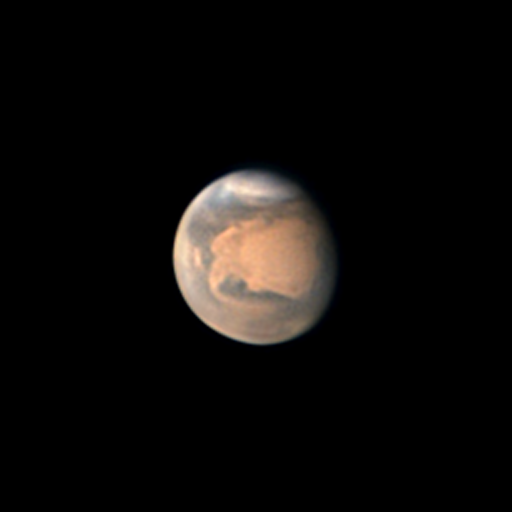 tw__astro's tweet photo. Mars this morning, captured under average seeing. Sinus Meridiani is central with Syrtis Major on the day/night terminator. The north polar cap is also nicely seen. 

24" Dob, Uranus-M/C cameras at 9000mm f/15. (R)OSC, ~45 mins of data. https://t.co/SDTIYHxBxk