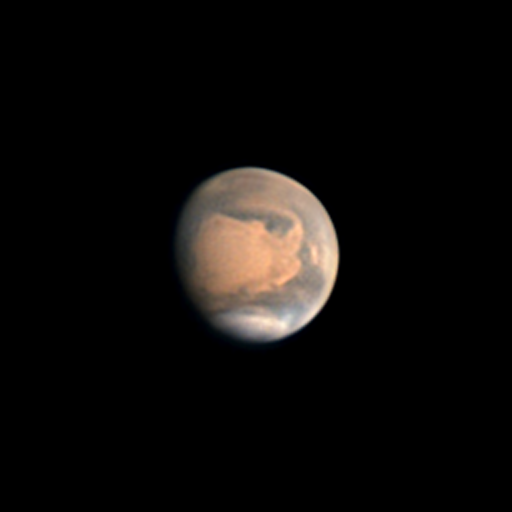 tw__astro's tweet photo. Mars this morning, captured under average seeing. Sinus Meridiani is central with Syrtis Major on the day/night terminator. The north polar cap is also nicely seen. 

24" Dob, Uranus-M/C cameras at 9000mm f/15. (R)OSC, ~45 mins of data. https://t.co/SDTIYHxBxk