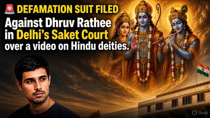 A news-style thumbnail featuring a portrait of YouTuber Dhruv Rathee alongside AI-generated illustrations of Hindu deities Rama, Sita, and Krishna, with a courtroom and Indian flag in the background. Bold text reads: "DEFAMATION SUIT FILED Against Dhruv Rathee in Delhi's Saket Court over a video on Hindu deities." The image visually represents the defamation lawsuit mentioned in the post, combining the subject of the case, the deities central to the complaint, and imagery of the Indian legal system.