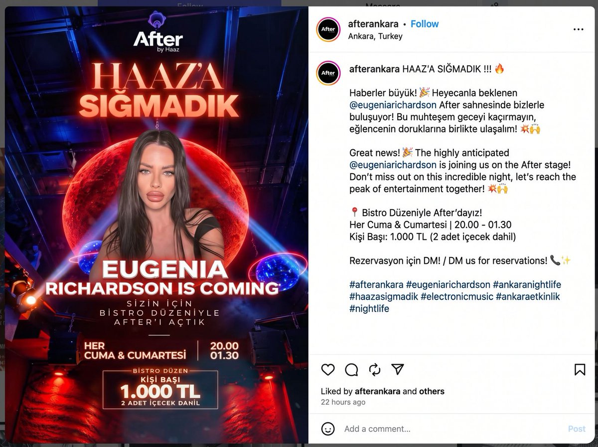 marthalamartha's tweet photo. 🚨 URGENTE | EUGENIA RIXARDSON, LA ARTISTA ANTES CONOCIDA COMO LA XINA SUÁREZ, DARÁ SU PRIMER SHOW EN FORMATO CENA-SHOW EN UN AFTER DE UN RESTO-BAR DE ANKARA, TURQUÍA https://t.co/5nWpjrxM2F