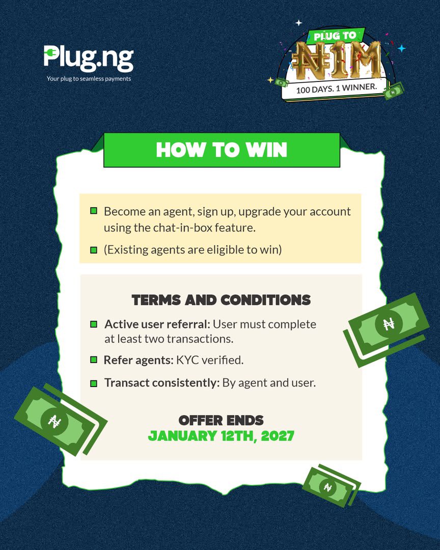_kingjonah's tweet photo. Imagine becoming a https://t.co/l0wFdJn24o agent and winning โฆ1 million ๐๐ฅ
Just sign up using my link, message customer care that you want to become an agent, and youโre in!
Donโt miss out ๐
https://t.co/4I2N55SRGi
#PlugToAMillion #PlugNg https://t.co/0hkcKI1V7P