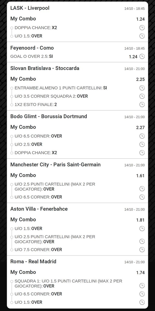 andreasorbello's tweet photo. Ecco un'altra combinazione pazzesca pronta per essere giocata 🚀🚀🚀💪
#scommesse #betting #sport #pronostici #bomba #championsleague #UCL #Liverpool #Feyenoord #Como #Stoccarda #Dortmund #ManCity #Psg #Roma #RealMadrid #AstonVilla #Fenerbahçe #BodoGlimt https://t.co/YKvEnQenTF